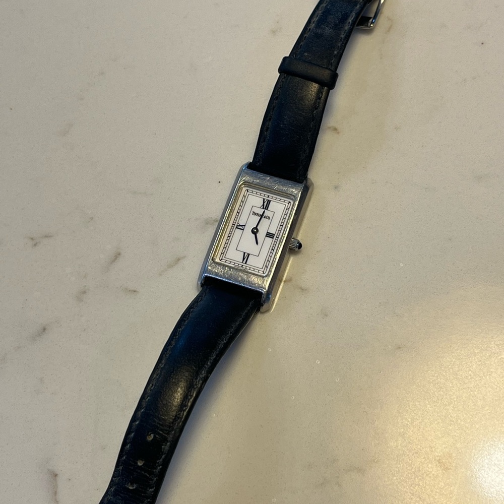 Vintage 1996 Tiffany & Co Watch Stainless Steel Leather Band Roman Numerals